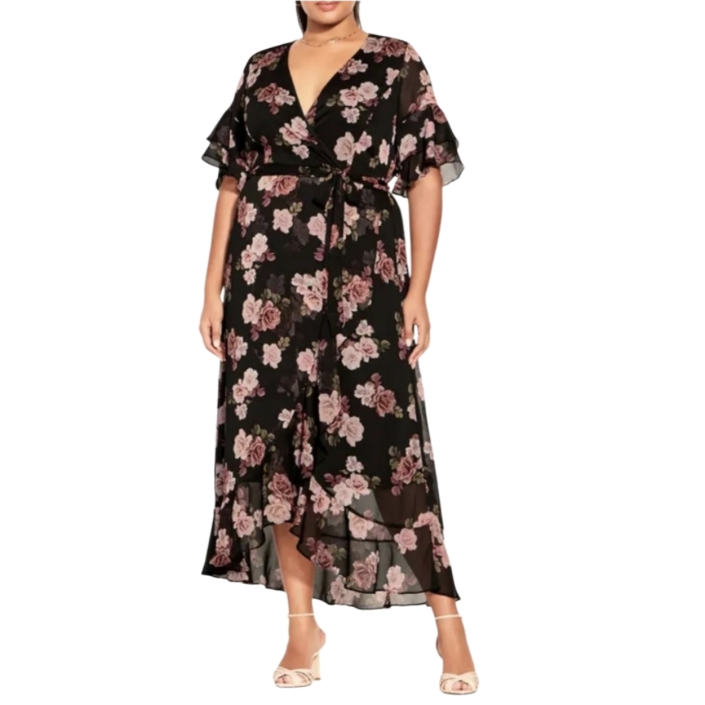 Beautiful City Chic Flowy Black Floral Wrap Luna Maxi Dress